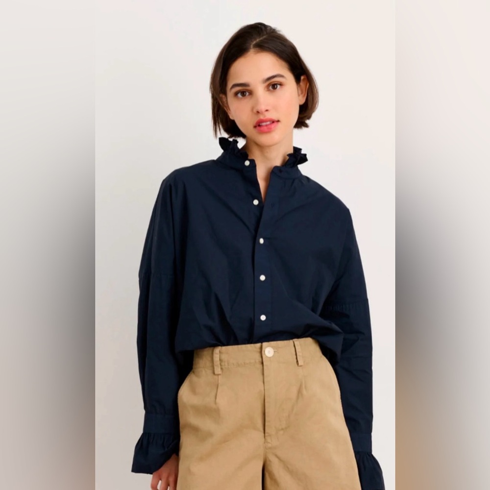 NWOT Alex Mill Ruffle Collar Button Down Dark Navy Paper Poplin size small